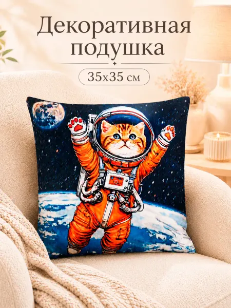 Микаэль Подушка Кот 35 см декоративная на диван для дома детская