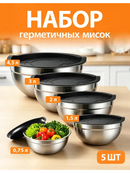 Набор из 5 мисок из нержавеющей стали