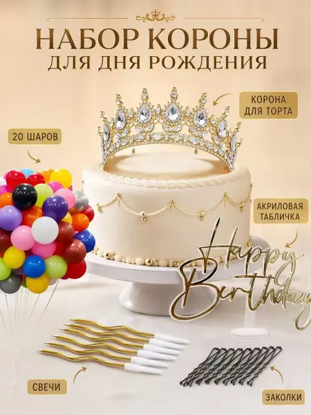 Корона на торт топпер Happy Birthday декоративный