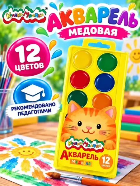 КАЛЯКА-МАЛЯКА Акварель медовая краски для рисования детские 12 цветов