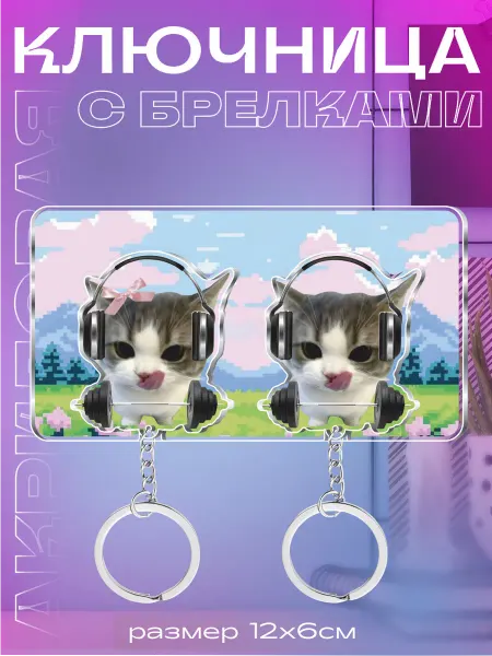 OK-REAL Ключница настенная с брелком котик в наушниках мем