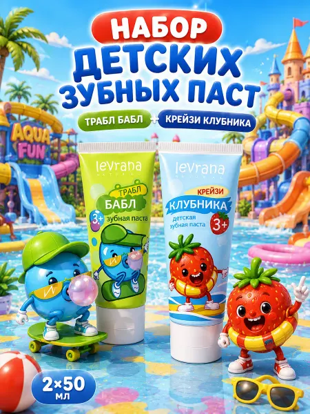 Levrana Зубная паста детская Бабл Трабл и Клубника Крейзи, набор