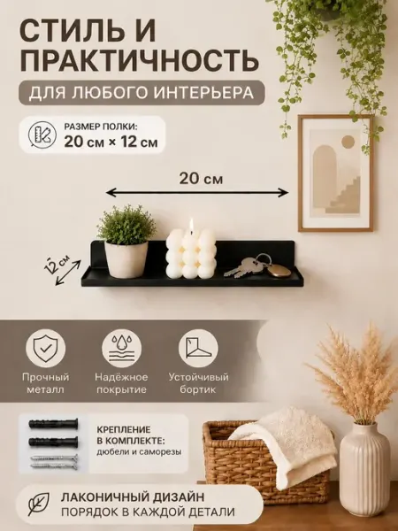 Полка черная металлическая настенная 20*12 см