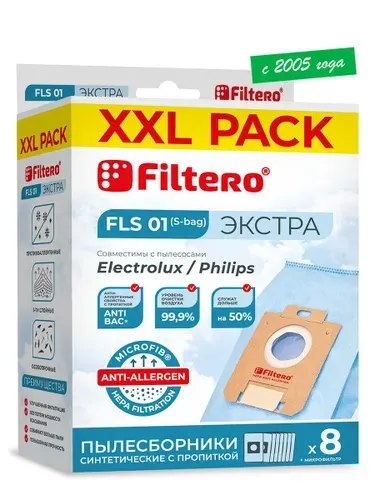 Мешки-пылесборники Filtero FLS 01 (S-bag) XXL Экстра совместимы с пылесосами Electrolux (Электролюкс), Philips (Филипс), синтетические, 8 штук + фильтр.