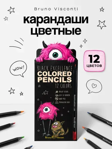 Карандаши цветные мягкие Bruno Visconti "BlackWoodColor" пластиковые набор 12 цветов, для рисования