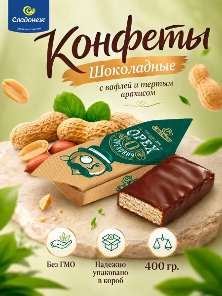 Сладонеж Конфеты шоколадные Орех Орехович 400г Вафельные Сладости