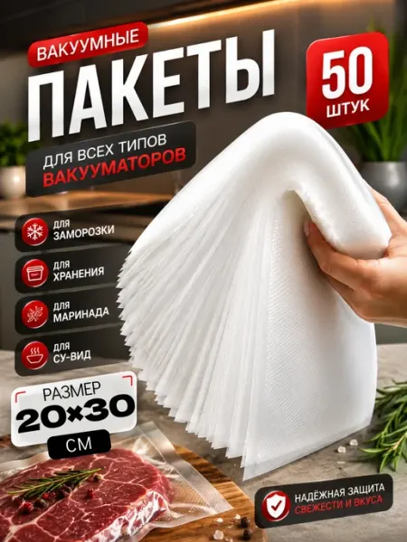 Пакеты для вакууматора 20х30 см для продуктов 50 шт