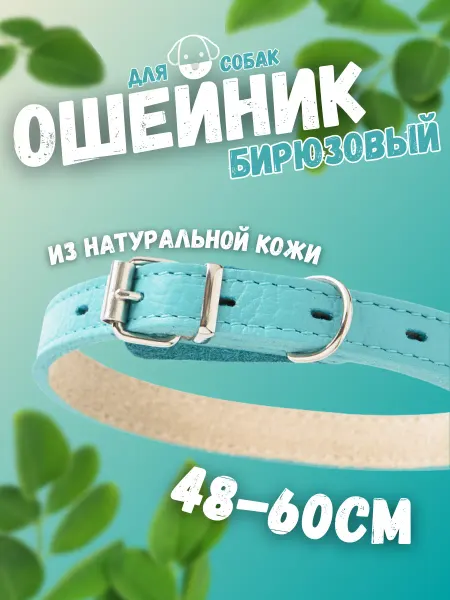 Mr.Kranch Ошейник для собак из натуральной кожи бирюзовый 48-60см