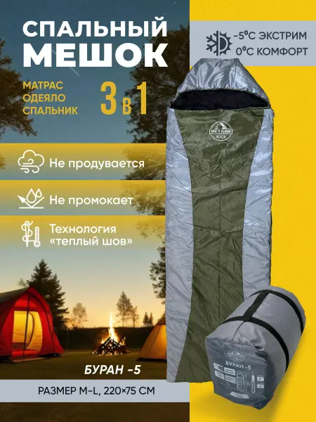 ВЕТЛАН Спальный мешок для туризма 3 в 1 Буран до -5, спальник