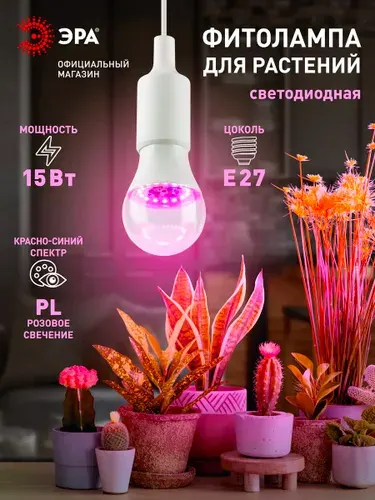 Фитолампа для растений светодиодная ЭРА GREEN LINE ФИТО A60-15W-PL-E27-GR красно-синего спектра 15 Вт Е27