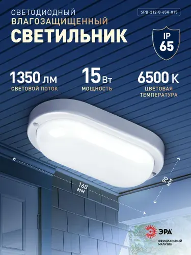 Светильник светодиодный влагозащищенный ЖКХ ЭРА SPB-2 15Вт 6500К IP65 овальный