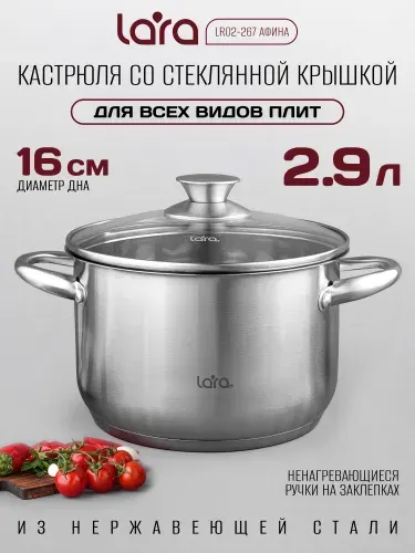 Кастрюля с крышкой 2,9 л LARA Афина из нержавеющей стали, для газовых, индукционных и др. плит, LR02-267