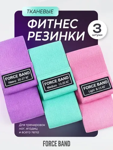 Комплект усиленные 3 шт PREMIUM качества: резинки для фитнеса тканевые с мешочком, для ног и ягодиц, Force Band
