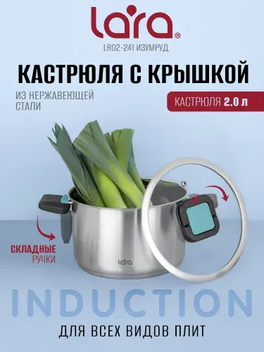 Кастрюля с крышкой 2л, LARA Изумруд, из нержавеющей стали, для индукционных плит, для всех видов плит LR02-241