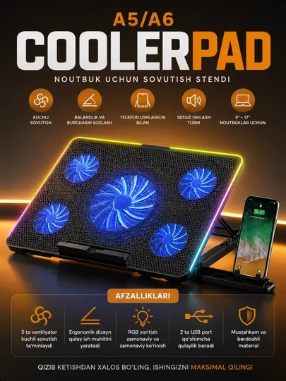 Охлаждающая подставка A5/A6 CoolerPad для ноутбука 9–17", 5 вентиляторов, RGB, USB
