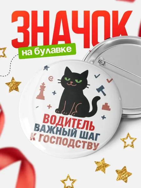 КлассныеШтучки Значок с котом Водитель подарок офисный юмор прикольный
