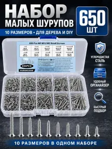 Набор саморезов 650 шт M2/M2.5/M3, маленькие саморезы с плоской головкой и крестовым шлицем, в кейсе, для дерева, металла и пластика