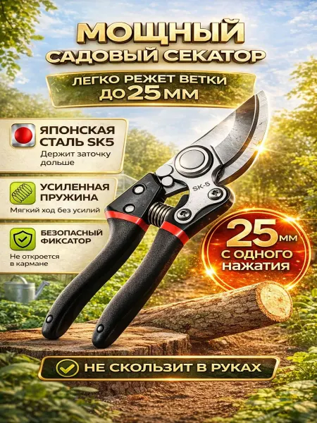 Секатор садовый ручной с блокировкой лезвий, черный
