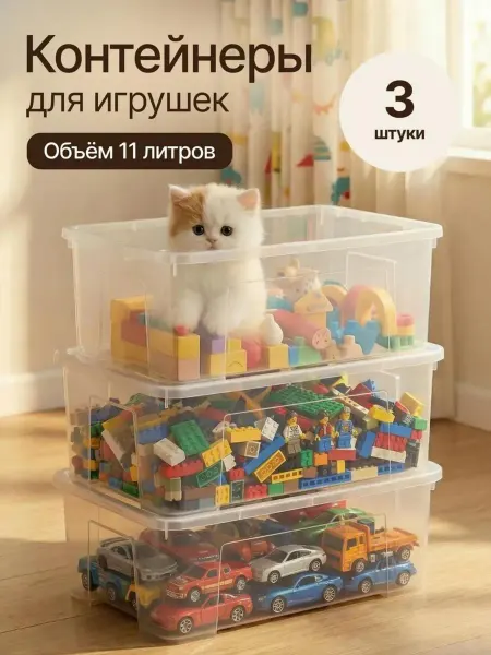 EasyKeeping Контейнер для хранения игрушек пластиковый, 3 шт, 11л