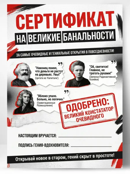 Сертификат подарочный шуточный - На великие банальности