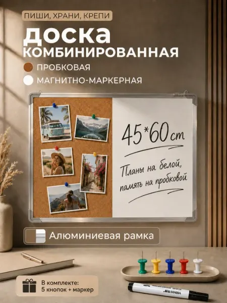 JORIXLAND Доска магнитно-маркерная двусторонняя на стену, 60х45 см