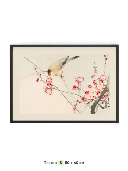 NIPPON PRINTS Постер птица на ветке Укие-э 50 x 40 см в тубе