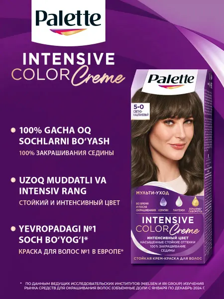 Palette Краска для волос Intensive Color Cream 5-0 Светло-каштановый