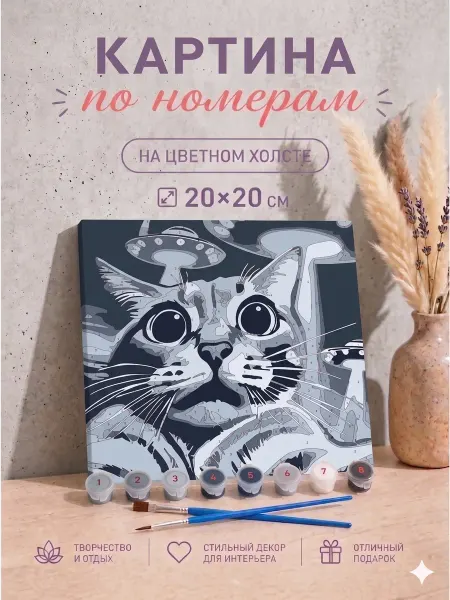 Картина по номерам с котом и нло холст раскраска 20х20