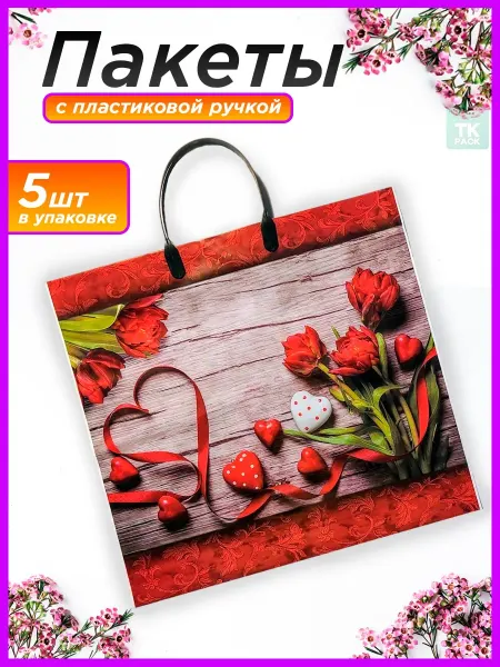 TK PACK Подарочный пакет с пластиковыми ручками Сердечки 38х35 см 5