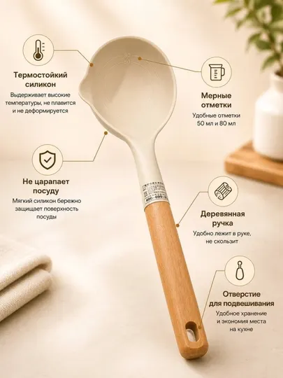 Силиконовый половник с мерной шкалой и деревянной ручкой (50/80 мл)