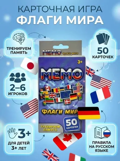 Настольная игра Мемори «Флаги мира» 50 карточек, развивающая память детям