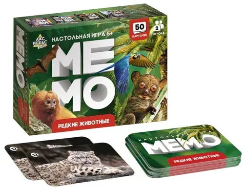 Развивающая настольная игра-мемо "Редкие животные" на память и внимание, найди пару, мемори, 50 карточек