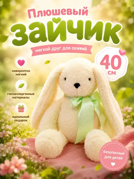 Kid-toys Мягкая игрушка зайчик с бантом 40 см