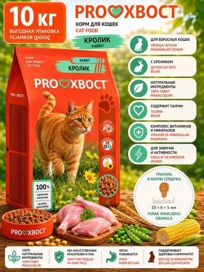Сухой корм для кошек PROХВОСТ, кролик, 50 PH 640, 10 кг