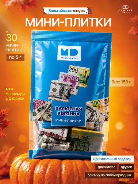 Монетный двор Набор мини шоколадок "Валютная корзина" из глазури150 гр