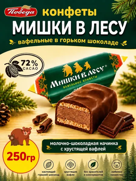 Победа Вкуса Шоколадные конфеты Мишки в лесу вафельные с начинкой, 250 гр