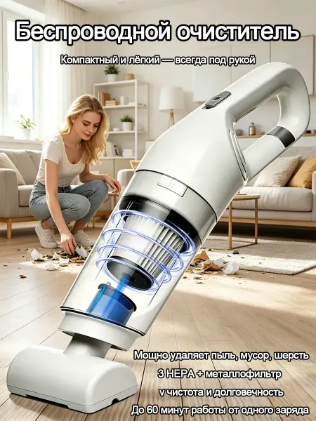 Автомобильный пылесос 14000 Па USB 4 насадки 39×11×9 см