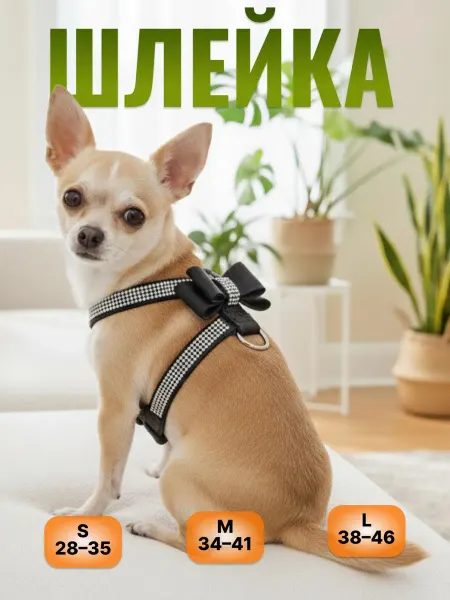 DoggoD Шлейка блестящая для собак и кошек со стразами и бантиком