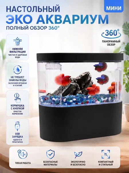 Аквариум для рыбок мини с подсветкой и фильтром 2 л