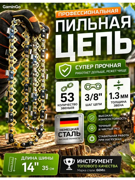 GaminGo Цепь для бензопилы эхо 53 звена шаг 3 8 1,3мм