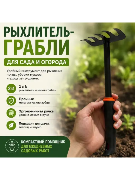 Мини-грабли для рыхления почвы с прорезиненной ручкой