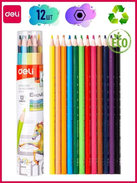 DELI Карандаши цветные трехгранные в тубусе, 12 цветов