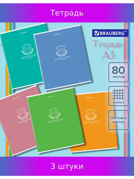 Brauberg Тетрадь А5, 80л, скоба, клетка, Knowledge, 3 шт