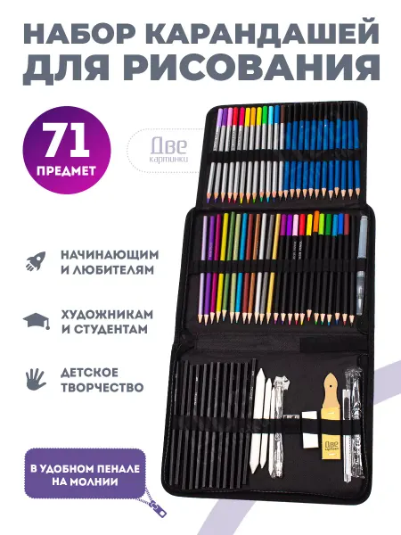 Две картинки Карандаши для скетчинга, рисования и черчения в пенале