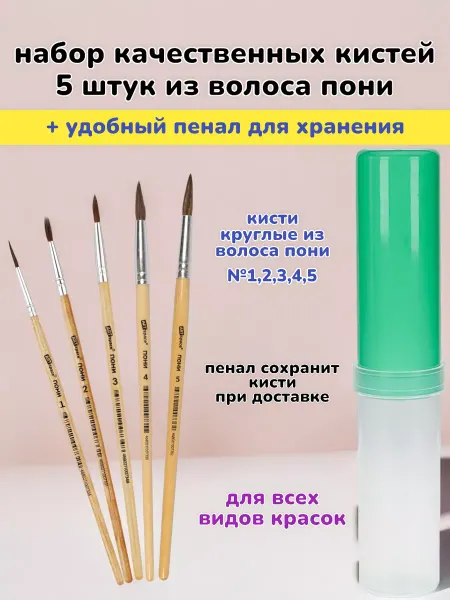 Кисти художественные Набор 5 штук кистей пони