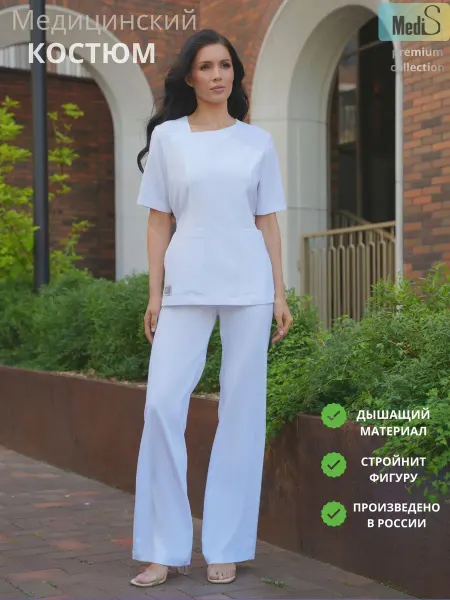 MediS Медицинский костюм с брюками палаццо белый