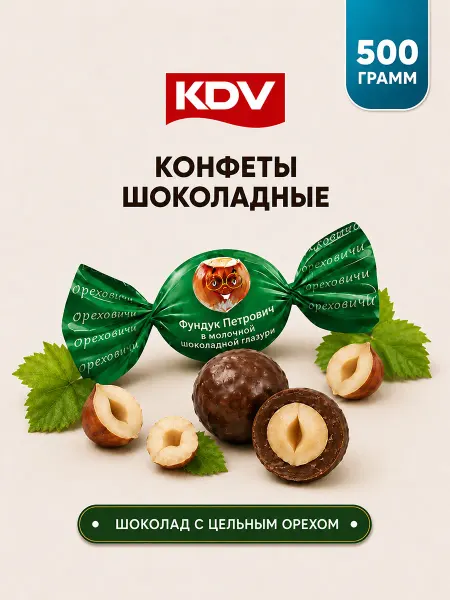 KDV Конфеты орехи Фундук Петрович в шоколаде 500 г
