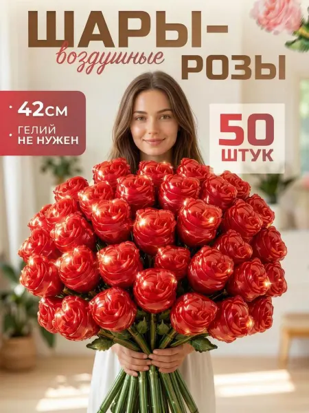 КоШАР Воздушные шары Цветы фольгированные розы 50 штук