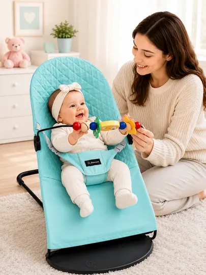 Детский шезлонг качалка кресло для новорожденных мягкий Baby Bouncer розовый