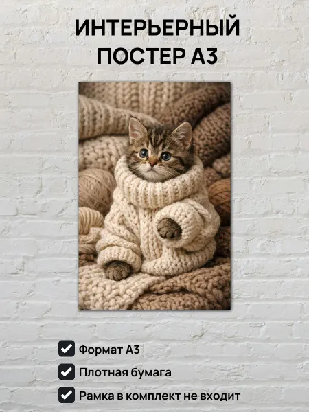 Интерьерный постер А3 Котенок в свитере